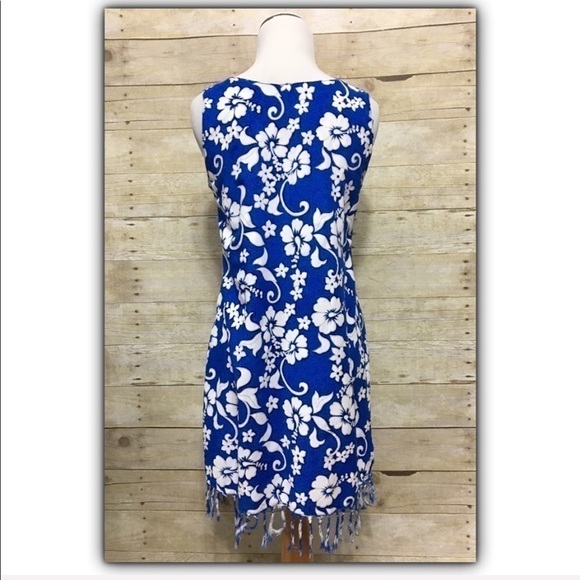Tropical floral hibiscus print fringed rayon sleeveless dress size S - Picture 6 of 8